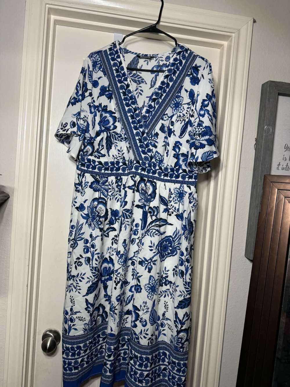BloomChic Blue and White Floral Wrap-Style Midi Dress